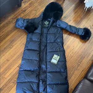 Mr and Mrs Navy Blue Puffer Coat with Fur Accents